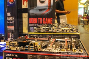 The mainboards on display at the GIGABYTE booth.