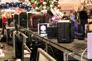 A view of the gaming rigs on the left side of the display area from the stage.